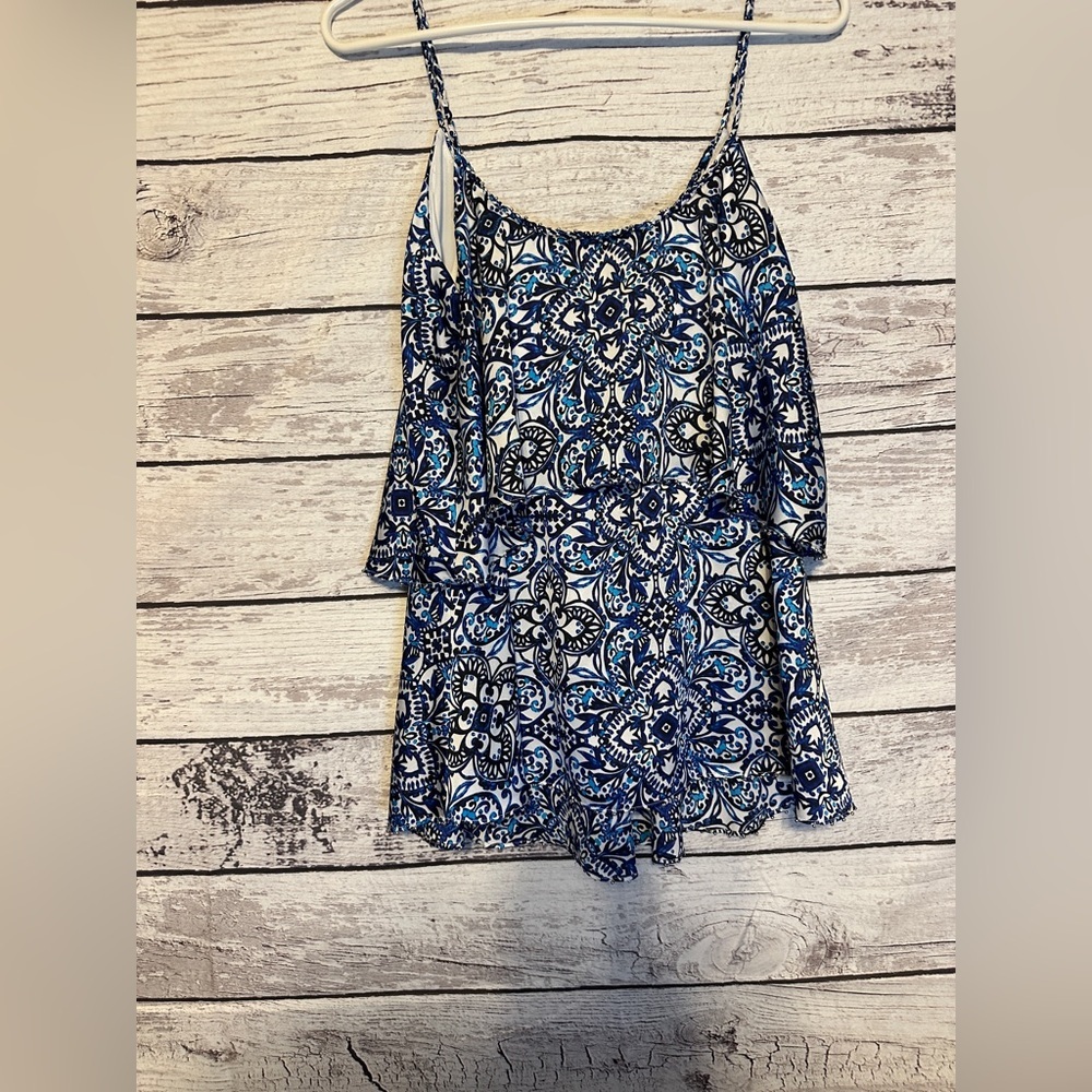 White House Black Market Blue Boho Print Ruffle Tank Top Size M